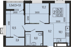 2-к кв. Адыгея, Майкоп Звезды жилой комплекс (63.5 м²)